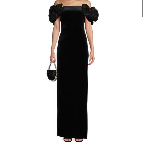 B. Darlin Taffeta Off-The-Shoulder Bow Trim Side Slit Long Dress - Picture 2 of 4